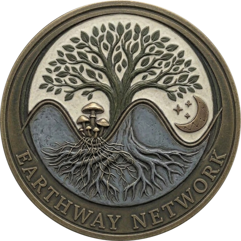 The Earthway Network emblem: a tree above the ground, its roots below, joined by mushroom threads; a crescent moon and stars beside it.